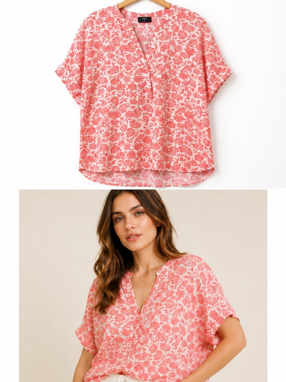 Tahari Coral Pink Floral Cotton Kimono Blouse Relaxed Fit Dolman Sleeve Top M/L